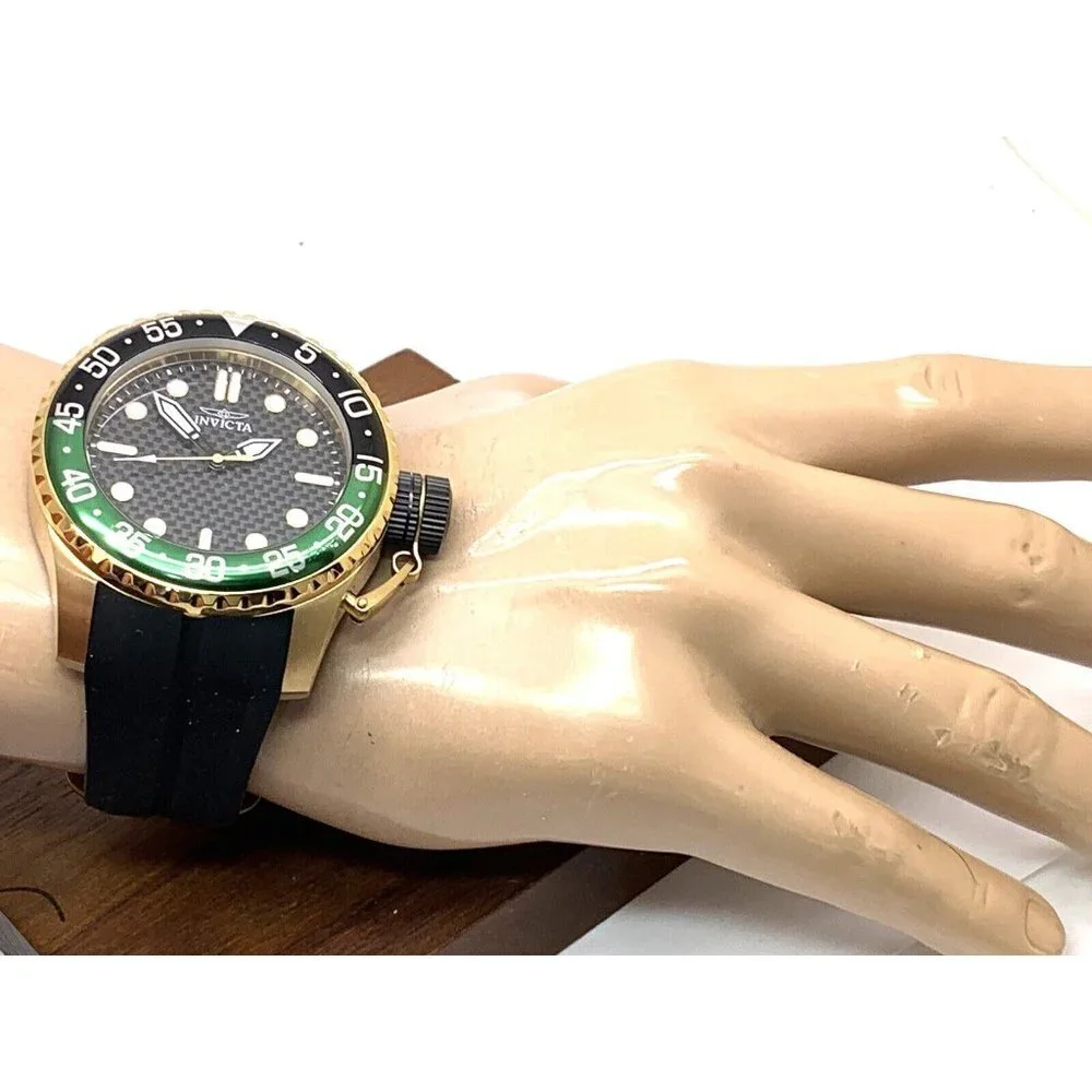 Invicta Men's Watch 35661 Pro Diver Quartz Gold Black Green Bezel Rubber…